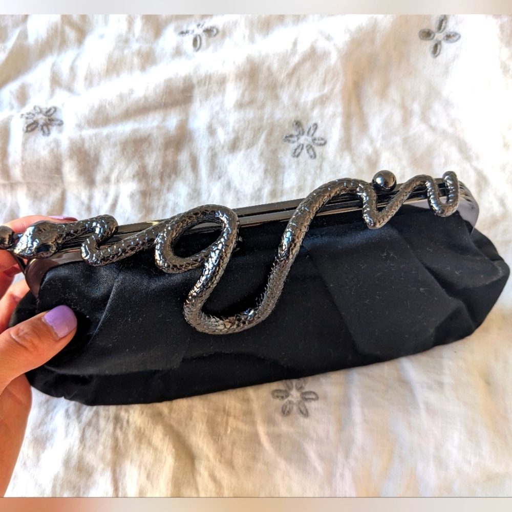 BCBG black silk clutch with snake closure